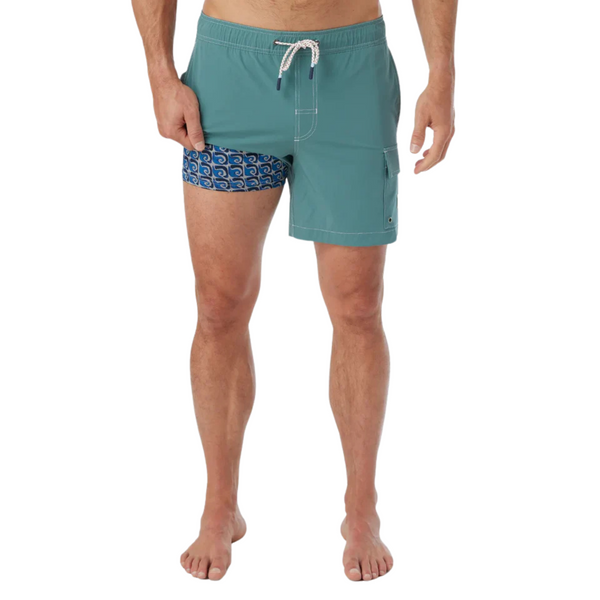 Front view of Fair Harbor Breaker Short in Seapine featuring an elastic drawstring waistband, tailored fit, and lightweight performance fabric