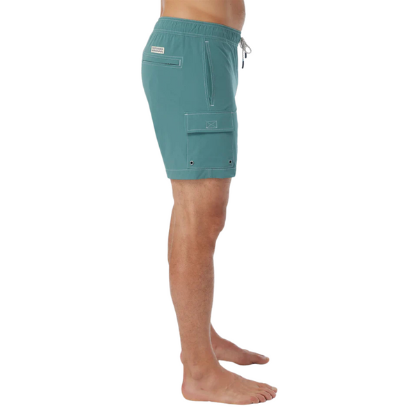 Side view of Fair Harbor Breaker Short in Seapine showing side seam pocket, relaxed leg opening, and quick-dry fabric