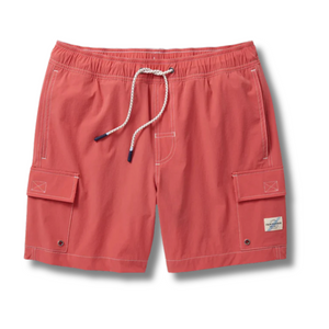 Flat lay of Fair Harbor Breaker Short in Washed Red showcasing soft performance fabric, elastic waistband, and inner lining