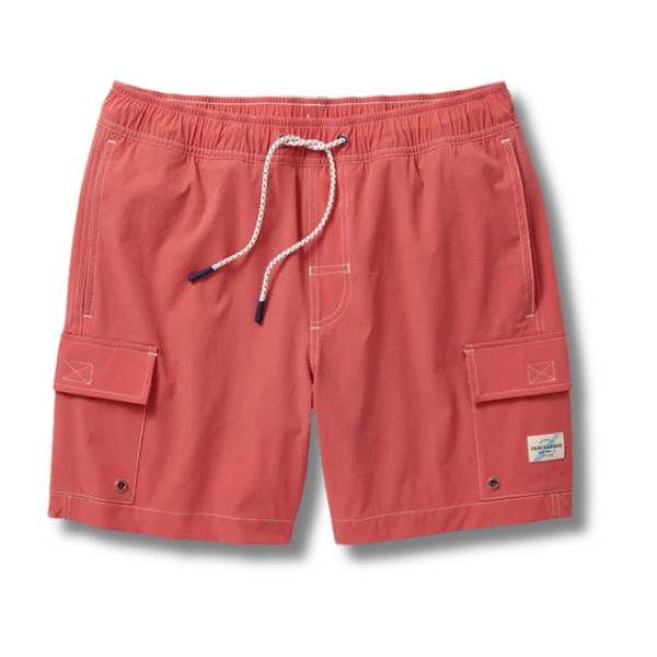 Flat lay of Fair Harbor Breaker Short in Washed Red showcasing soft performance fabric, elastic waistband, and inner lining