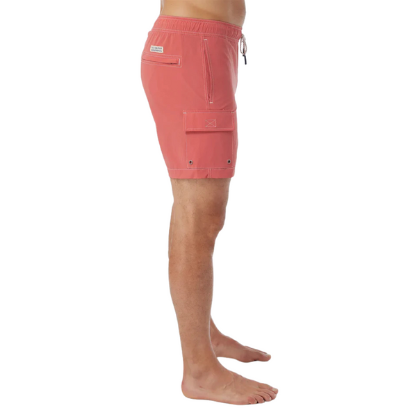 Side view of Fair Harbor Breaker Short in Washed Red showing side pocket, subtle logo tag, and above-the-knee length