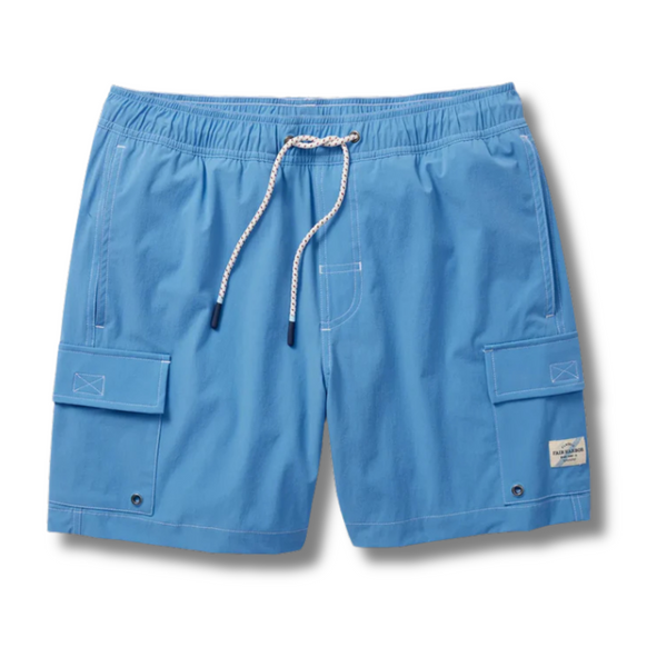 Flat lay of Fair Harbor Breaker Short in Wave Blue showcasing drawstring waistband, performance fabric, and clean stitching