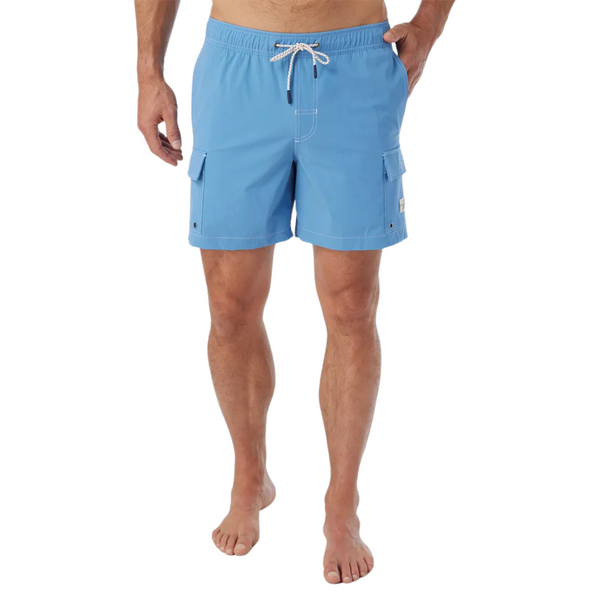 Front view of Fair Harbor Breaker Short in Wave Blue featuring an elastic drawstring waistband, tailored fit, and water-ready fabric