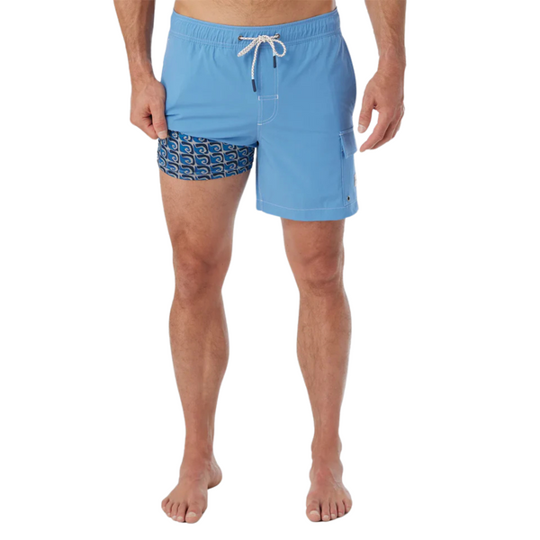 Front view of Fair Harbor Breaker Short in Wave Blue featuring an elastic drawstring waistband, tailored fit, and water-ready fabric