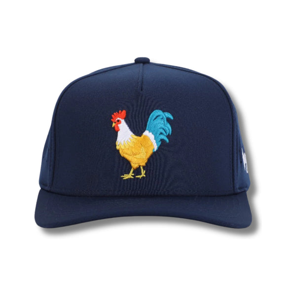 Front view of Waggle Feelin' Cocky Hat in Navy featuring an embroidered rooster swinging a golf club on a structured five-panel crown