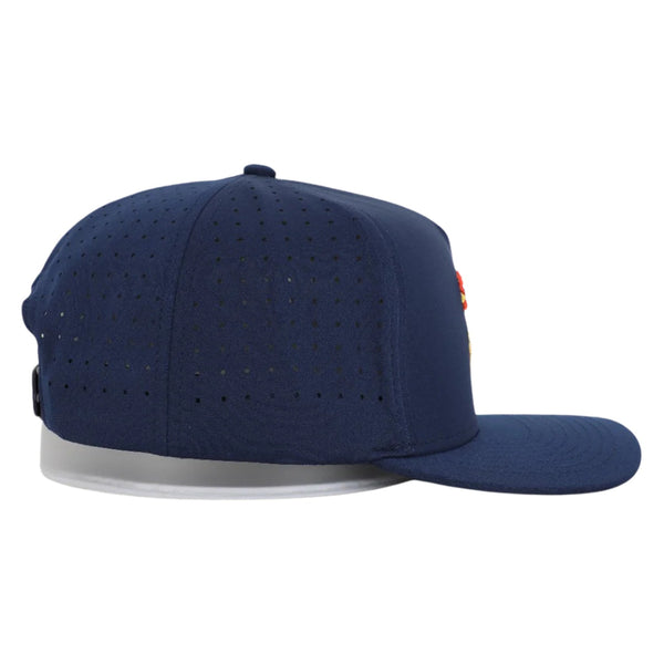Side view of Waggle Feelin' Cocky Hat in Navy showing curved brim, mid-profile fit, and breathable perforated mesh panels