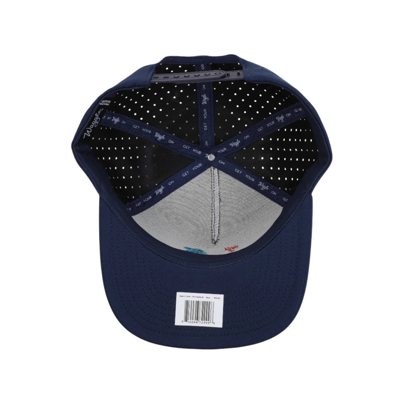Flat lay of Waggle Feelin' Cocky Hat in Navy highlighting embroidered rooster golf graphic, structured crown, and performance mesh fabric