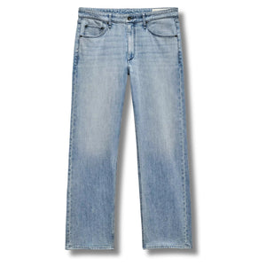 Flat lay of Rag & Bone Fit 4 Straight Fit Jeans in Fletcher showcasing straight leg, front button closure, and durable medium-wash denim