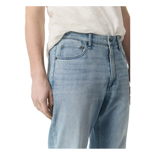 Close-up of waistband, stitching, and denim texture on the Rag & Bone Fit 4 Straight Fit Jeans in Fletcher