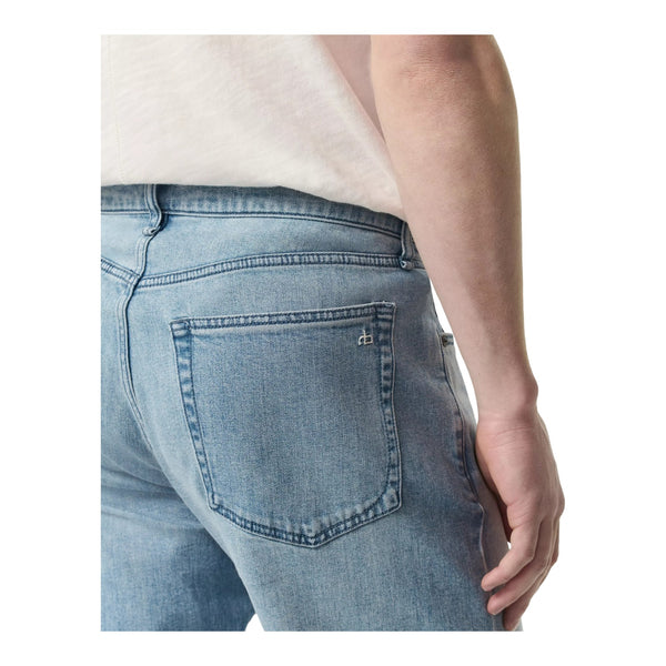 Close-up of waistband, stitching, and denim texture on the Rag & Bone Fit 4 Straight Fit Jeans in Fletcher