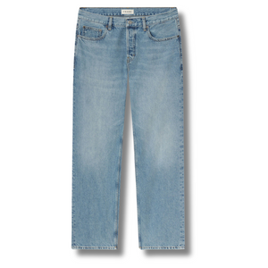 Flat lay of Frame Relaxed Jean in Jefferson showcasing dark blue denim, mid-rise waist, and relaxed-leg silhouette