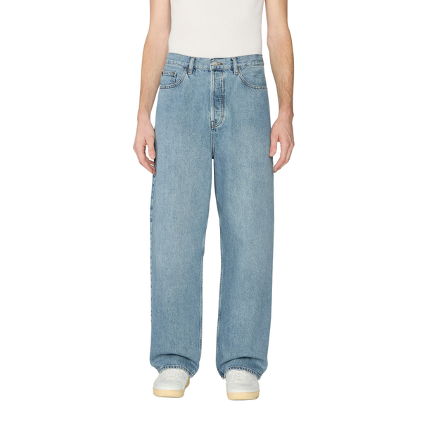 Front view of Frame Relaxed Jean in Jefferson featuring a dark indigo wash, relaxed fit through the hip and thigh, and classic five-pocket design