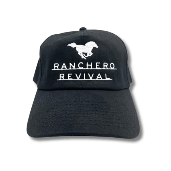 Front view of Ranchero Revival Gallop Hat in black featuring embroidered galloping horse patch on structured front panel