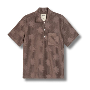 Flat lay of the OAS Ember Girona Terry Shirt displaying geometric pattern, button-up front, and terry cloth texture