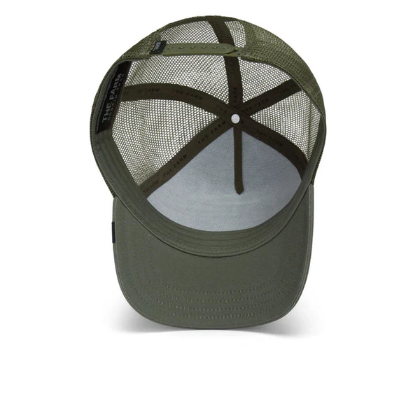 Flat lay display of the Goorin Bros Gone Fishin' hat in olive, showcasing its structured front panel, embroidered fish patch, and casual outdoorsy style.