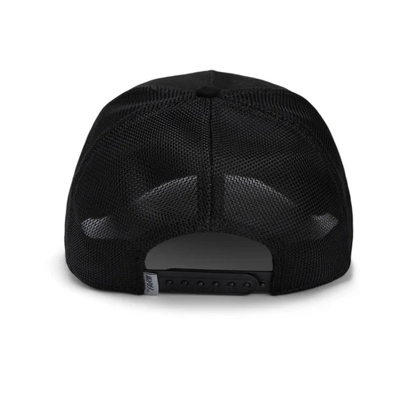 Rear view of The Suede Skull trucker hat in black by Goorin Bros, highlighting the adjustable snapback closure and mesh paneling.