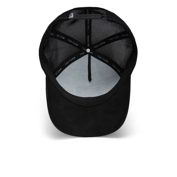 Flat lay of the Goorin Bros black "The Suede Skull" hat neatly arranged to showcase its overall shape, patch detail, and material contrast.