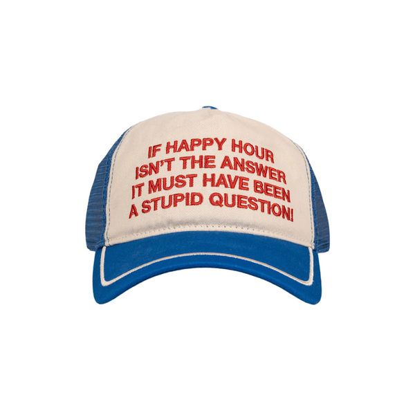 Front view of the Happy Hour Trucker Hat in blue featuring colorful embroidered "Happy Hour" design