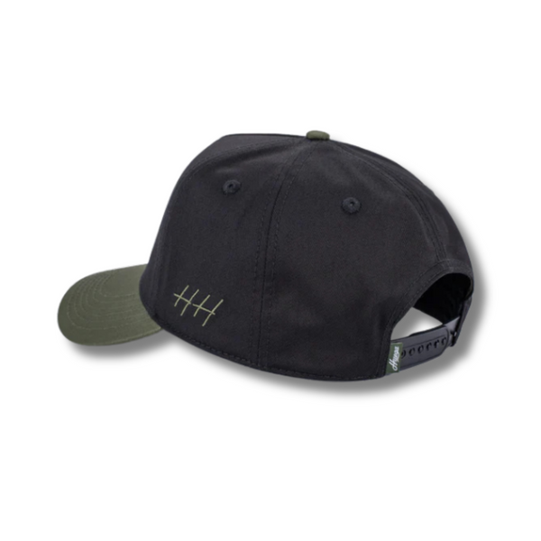 Back view of Huega House Circuit Hat in Army Green and Black with adjustable snapback closure and matching black rear panels