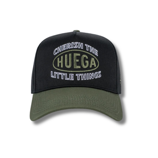 Front view of Huega House Circuit Hat in Army Green and Black featuring tonal Circuit logo embroidery on a structured army green crown with a black flat brim