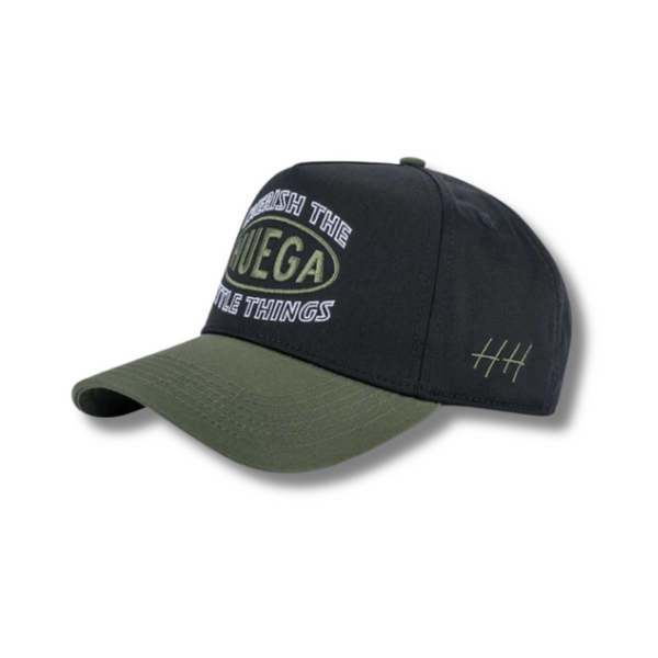 Side view of Huega House Circuit Hat in Army Green/Black showing clean panel construction, mid-profile fit, and contrast flat brim