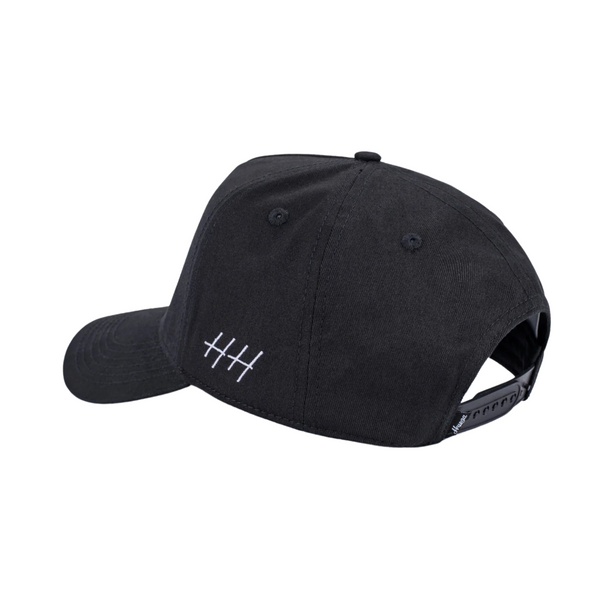 Back view of Huega House Circuit Hat in Black with adjustable snapback closure and matte finish fabric for a modern look