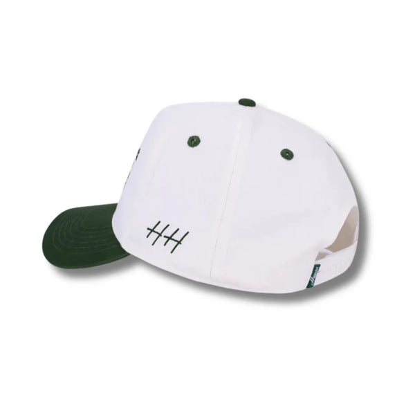 Moments - Back view of Huega House Moments Hat in Pine Green and White with adjustable strap and matching green back panels 