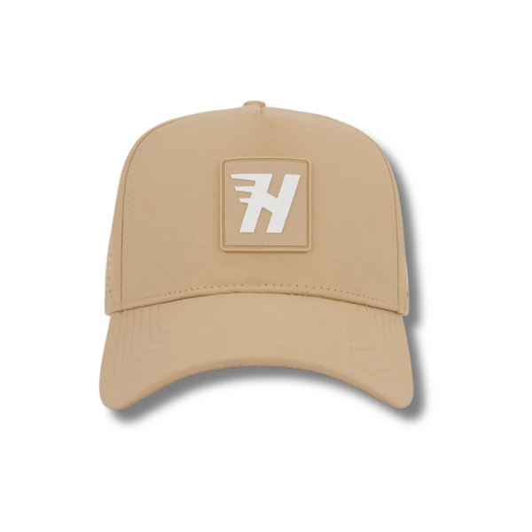 Front view of Huega House Performance Hat – Success in Khaki featuring “Success” embroidered on a structured front panel with a clean, minimalist design