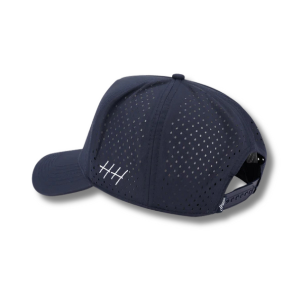 Back view of Huega House Performance Hat – Success in Navy with adjustable webbing strap and buckle for a custom fit