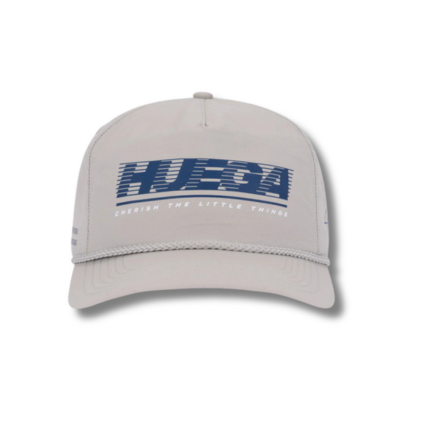 Front view of Huega House Tidal Nylon Hat in Grey featuring a minimalist tonal logo on a low-profile, unstructured nylon crown with a flat brim