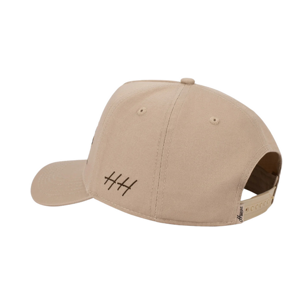 Back view of Huega House Trademark Hat in Khaki with adjustable buckle strap and clean rear panel design
