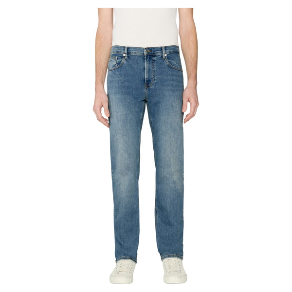 Front view of Frame Jetson Modern Straight Jeans in La Mirada featuring a light indigo wash, classic five-pocket styling, and clean straight-leg cut