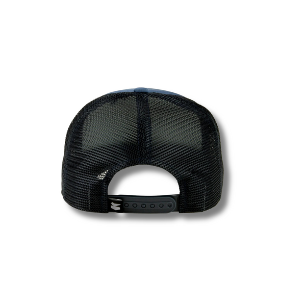 Back of Jetty Crush Foam Trucker Hat in navy with adjustable snapback closure and breathable mesh