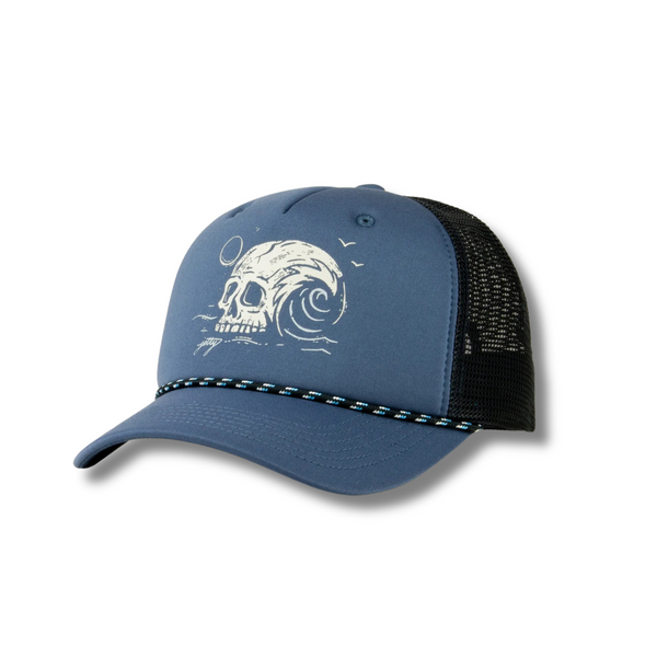 Front view of the Jetty Crush Foam Trucker Hat in navy featuring structured foam panel and Jetty logo graphic