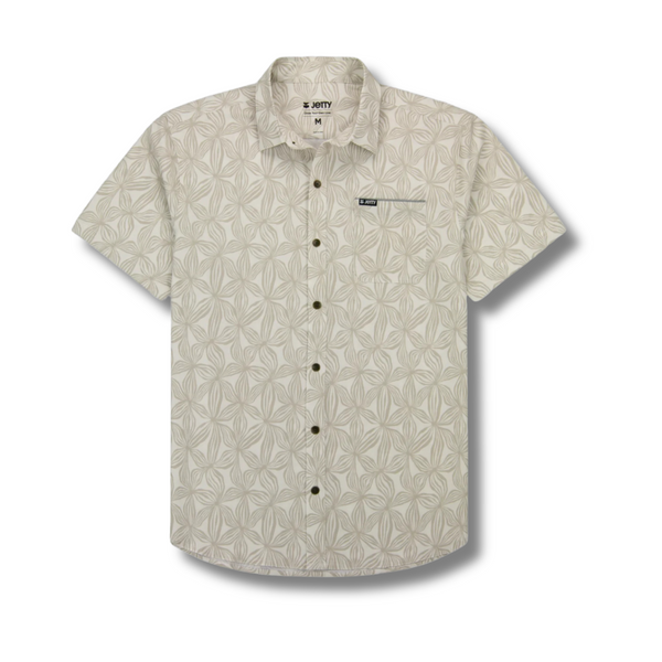 Front view of Jetty Garwood Shirt in cream featuring button-up front, classic collar, and relaxed fit