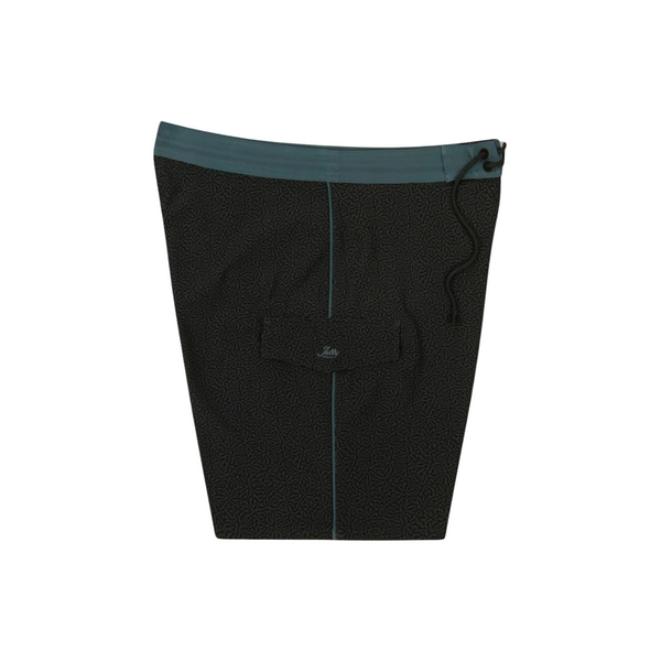 Side view of Jetty Holgate Boardshort in black showing knee-length cut and lightweight stretch fabric