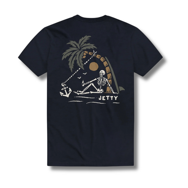 Back view of Jetty No Man’s Land Tee in navy with large printed graphic across the shoulders