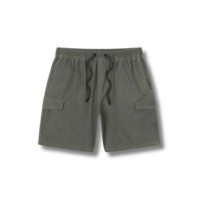 Front view of Jetty Tautog Cargo Short in olive featuring a relaxed fit, utility pockets, and button closure