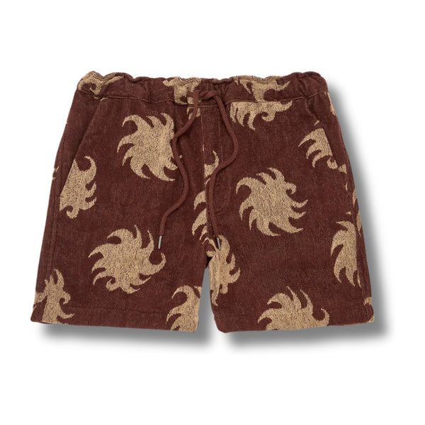 Flat lay of OAS Terry Shorts in Mocha Ember showcasing two-tone terry fabric, drawstring waistband, and clean hemline