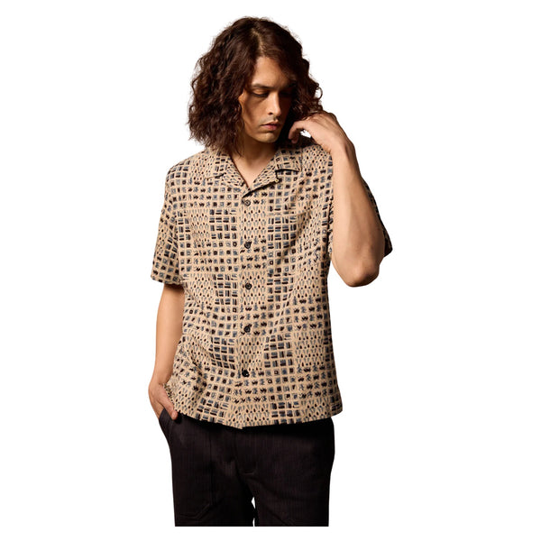 Khushi Camp Shirt - Tile Block Print Indigo - Rooster 