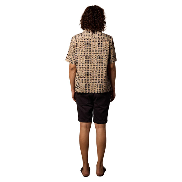 Khushi Camp Shirt - Tile Block Print Indigo - Rooster 