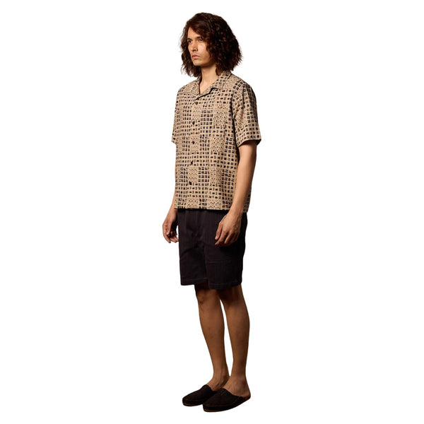Khushi Camp Shirt - Tile Block Print Indigo - Rooster 