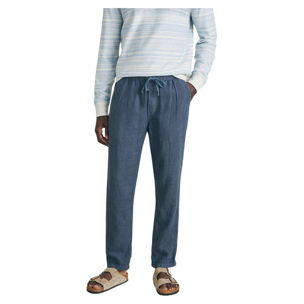 Front view of Faherty Linen Drawstring Pant in Look Out Navy featuring a relaxed fit, tapered leg, and adjustable drawstring waistband