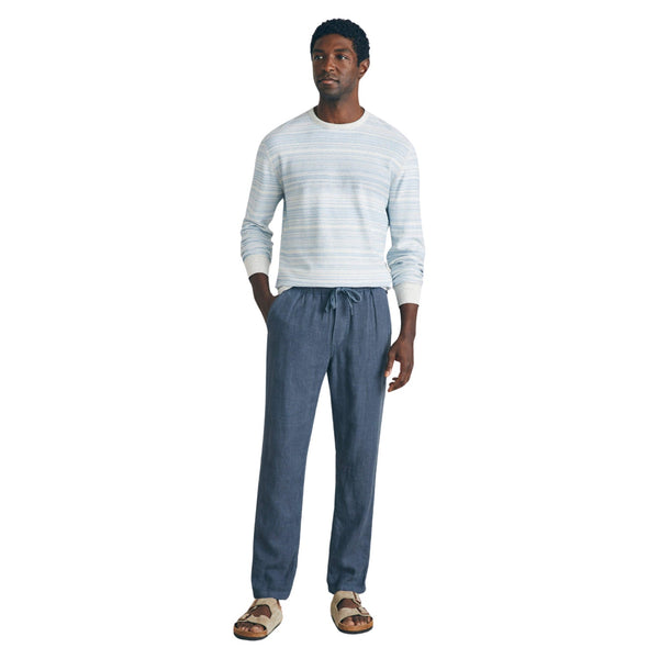 Front view of Faherty Linen Drawstring Pant in Look Out Navy featuring a relaxed fit, tapered leg, and adjustable drawstring waistband