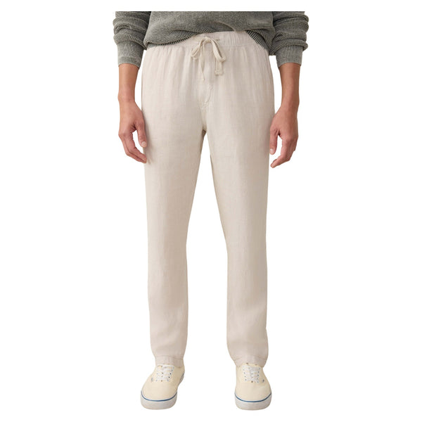 Front view of Faherty Linen Drawstring Pant in Weathered Sand featuring a relaxed fit, drawstring waistband, and lightweight linen fabric