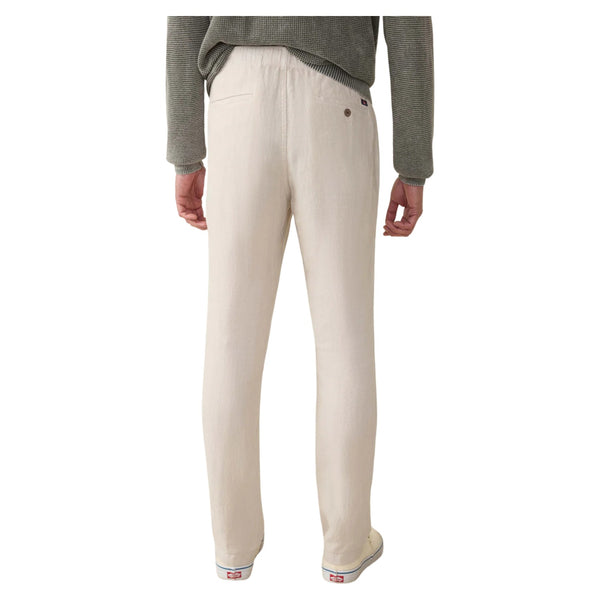 Back view of Faherty Linen Drawstring Pant in Weathered Sand with rear patch pockets and clean lines