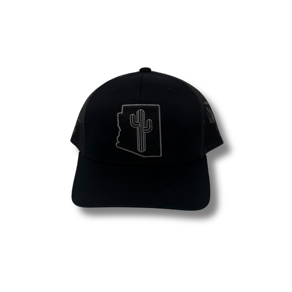 Front view of Local Stated BA Cactus Stated Hat in Black/Black featuring a tonal black cactus logo patch on a structured crown with a curved brim