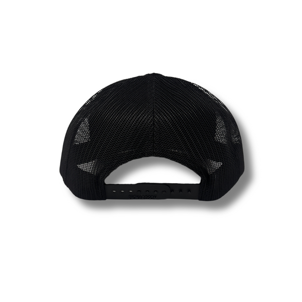 Back view of Blacked Out Cactus Stated Hat in Black Camo featuring an adjustable snapback closure and matching camo mesh panels