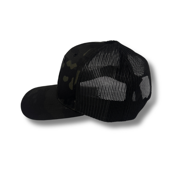 Side view of Local Stated Blacked Out Cactus Hat in Black Camo showing the curve of the brim, clean panel seams, and subtle camo pattern