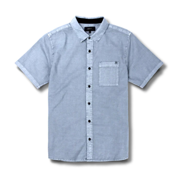 Front view of Roark Made To Fade short sleeve button up shirt in washed slate with faded finish – Rooster